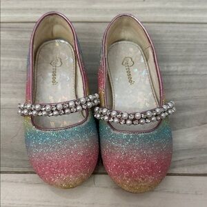 Girls' Pink Rainbow Glitter Mary Jane Shoes with Pearl Strap